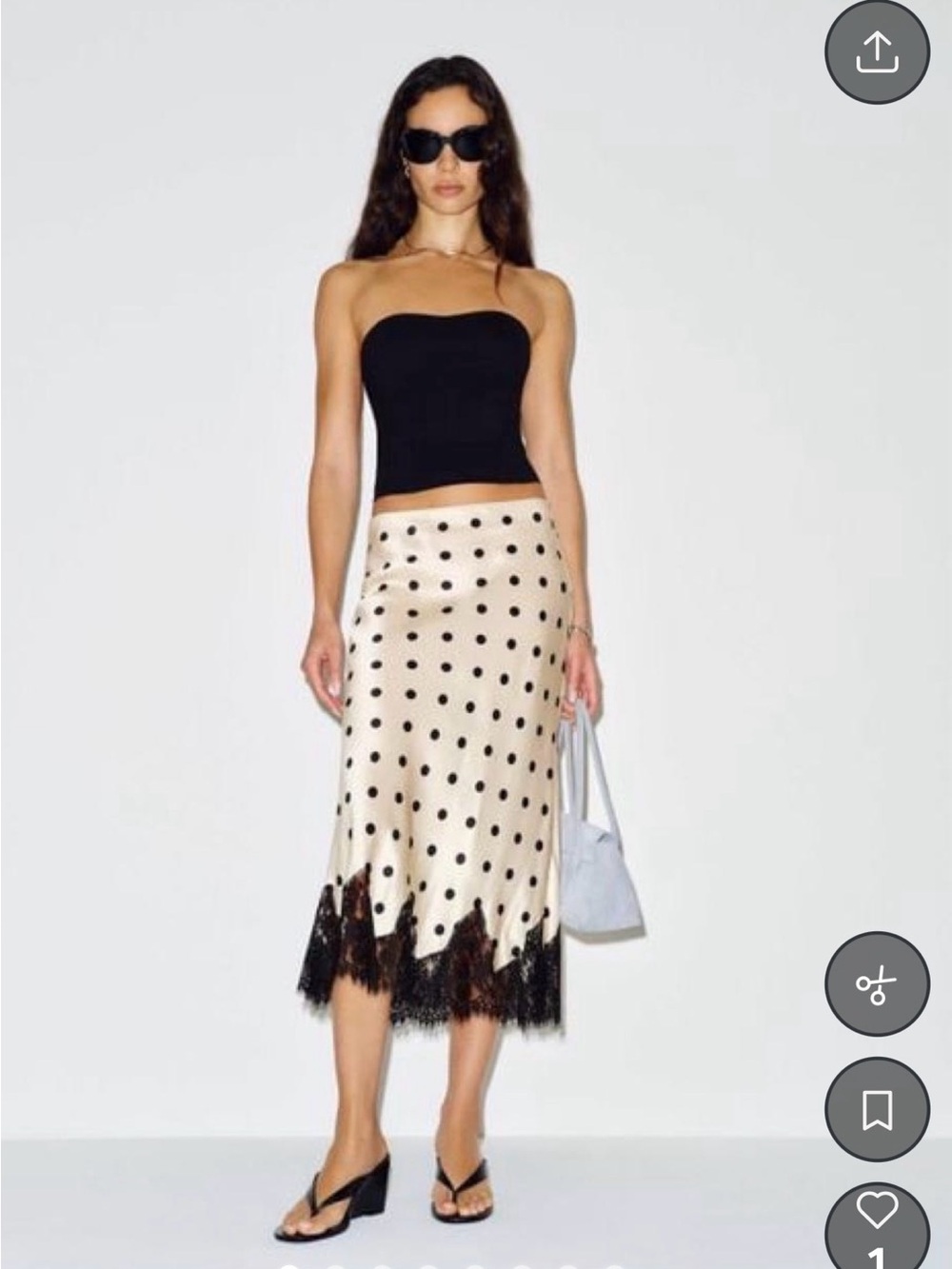 Reformation Cream Polka Dot Midi Skirt with Black Lace Trim